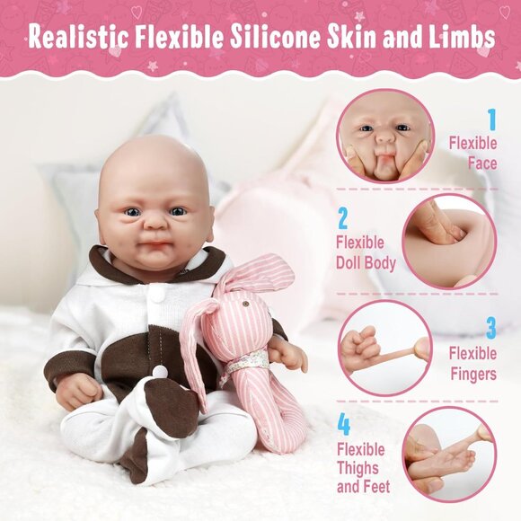 🆕14inch Full Platinum Silicone Baby Doll Reborn Eyes Open Lifelike Baby Girl - Picture 4 of 5